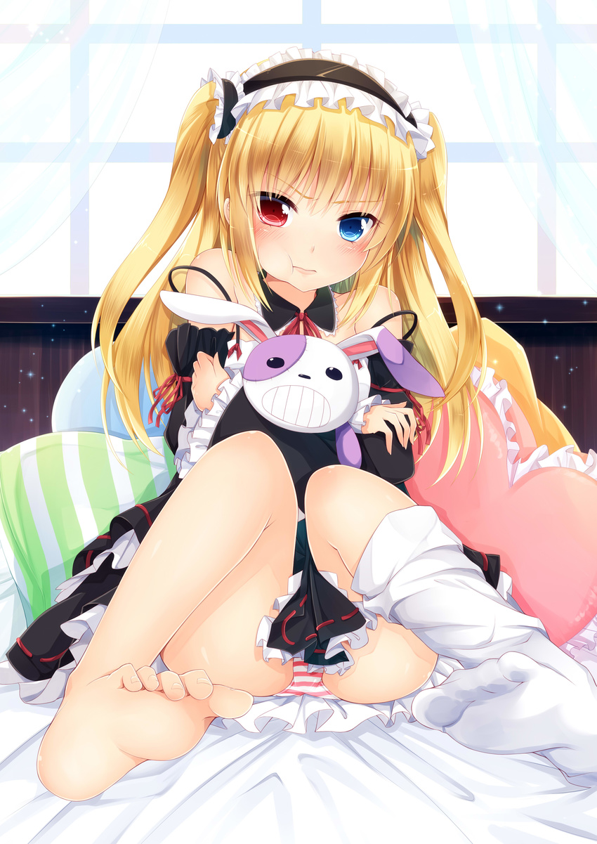 :t absurdres barefoot blonde_hair blue_eyes blush boku_wa_tomodachi_ga_sukunai dress gothic_lolita hair_ornament hairband hasegawa_kobato hatachi heterochromia highres lolita_fashion lolita_hairband long_hair panties pantyshot pantyshot_(sitting) pout puffy_cheeks red_eyes single_sock sitting skirt socks solo strap_slip striped striped_panties stuffed_animal stuffed_bunny stuffed_toy two_side_up underwear