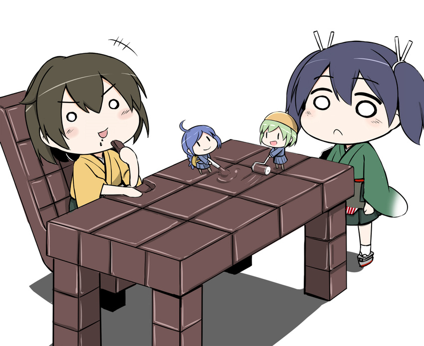 blue_hair blush brown_hair chair chibi chocolate desk eating fairy_(kantai_collection) frown green_hair helmet_musume_(kantai_collection) hiryuu_(kantai_collection) kantai_collection maintenance_musume_(kantai_collection) multiple_girls o_o paint_roller shishigami_(sunagimo) smile souryuu_(kantai_collection)