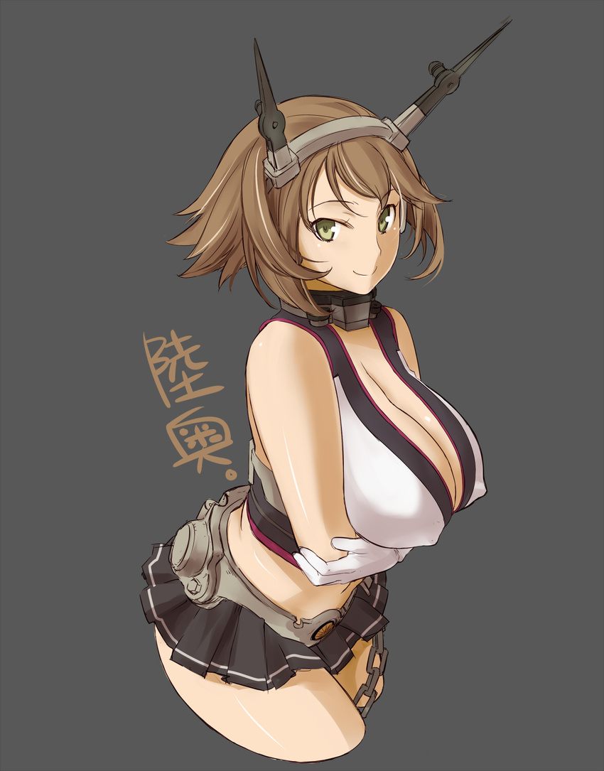breasts brown_eyes chain cleavage covered_nipples cropped_legs crossed_arms gloves grey_background highres huge_breasts kantai_collection looking_at_viewer miniskirt mutsu_(kantai_collection) shoumaru_(gadget_box) simple_background skirt smile solo thighs translated