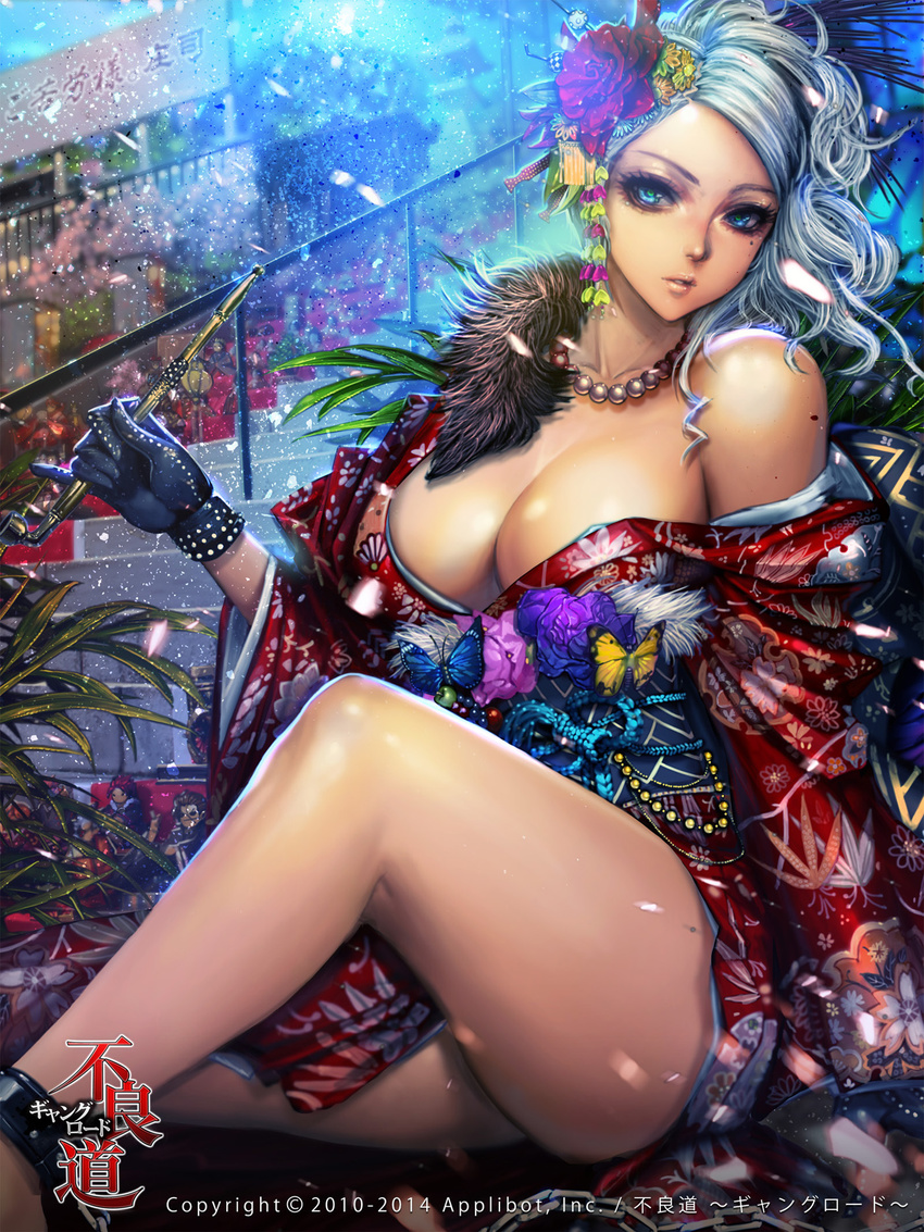 blue_eyes breasts cleavage colorful flower furyou_michi_~gang_road~ gloves hair_flower hair_ornament highres japanese_clothes jewelry kimono kiseru large_breasts long_hair looking_at_viewer mole necklace off_shoulder official_art parted_lips pipe shiny shiny_skin sitting solo stairs white_hair xaxak yuujo