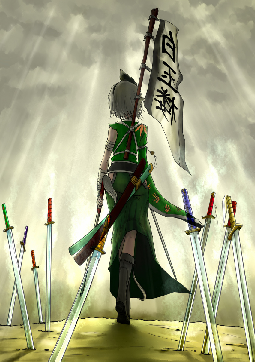 absurdres adapted_costume bandages banner boots chongtian_yixiao_shualuanfei dress dual_wielding field_of_blades from_behind green_dress hair_ribbon highres holding katana konpaku_youmu light_rays multiple_swords planted_sword planted_weapon ribbon silver_hair solo sunbeam sunlight sword tassel torn_clothes torn_sleeve touhou weapon