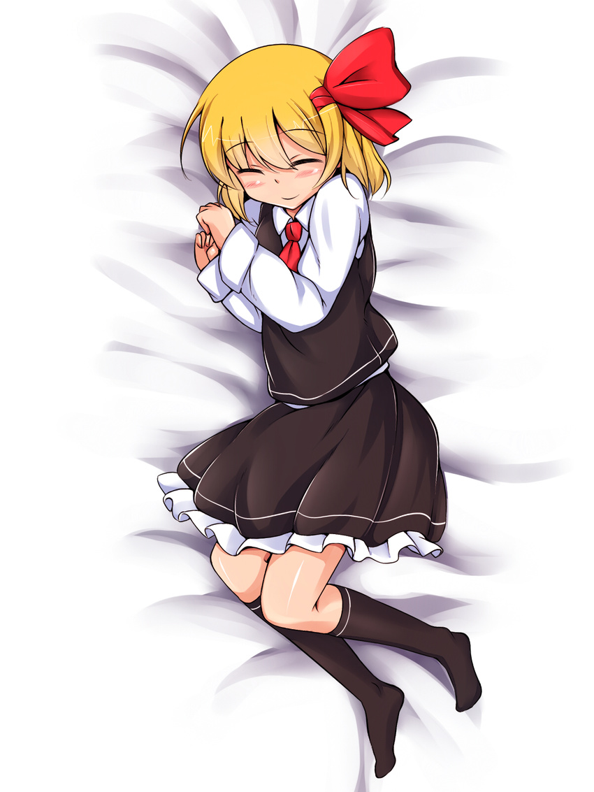 blonde_hair blush closed_eyes hair_ribbon highres kochouka lying ribbon rumia short_hair smile socks solo touhou