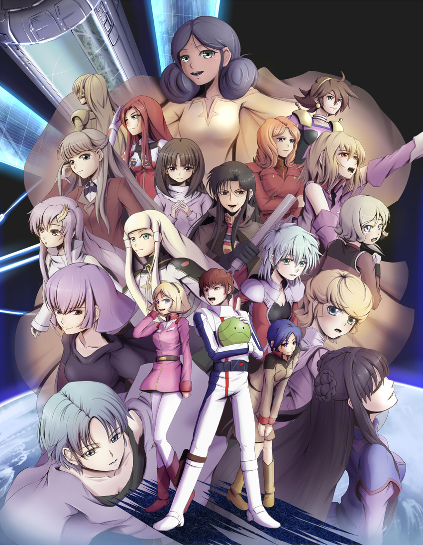 1boy 6+girls after_war_gundam_x aina_saharin amuro_ray audrey_burne black_hair blonde_hair blue_hair brown_hair cecily_fairchild chan_agi char's_counterattack char's_counterattack christina_mackenzie cima_garahau crossover dianna_soreil emily_armond fan four_murasame g_gundam gundam gundam_00 gundam_0080 gundam_0083 gundam_08th_ms_team gundam_age gundam_f91 gundam_seed gundam_seed_destiny gundam_unicorn gundam_wing haman_karn haro katejina_loos lacus_clyne lalah_sune marina_ismail mineva_lao_zabi mobile_suit_gundam multiple_girls pilot_suit pink_hair rain_mikamura red_hair relena_peacecraft sayla_mass space_colony stellar_loussier tiffa_adill turn_a_gundam victory_gundam zeta_gundam