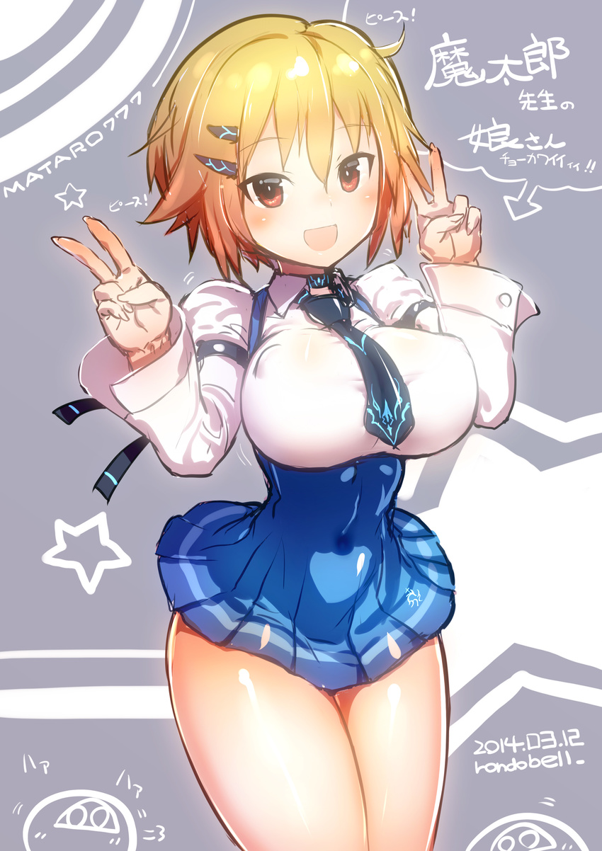 absurdres breasts covered_nipples dress highres large_breasts looking_at_viewer necktie open_mouth original puffy_nipples red_eyes rondo_bell shirt short_dress short_hair skirt smile solo taut_clothes taut_shirt thighs v