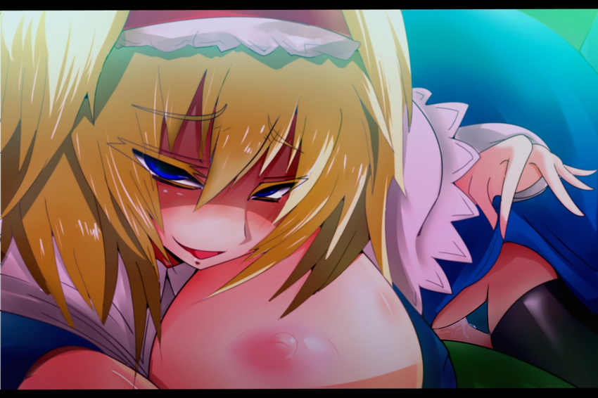 alice_margatroid areolae blonde_hair blue_eyes breasts breasts_outside crazy_eyes dress dress_lift femdom huge_breasts imminent_rape kouseki0024 large_areolae looking_at_viewer lying_on_person nipples panties puffy_nipples pussy_juice rape_face seductive_smile short_hair smile solo thighhighs touhou underwear wet wet_clothes wet_panties