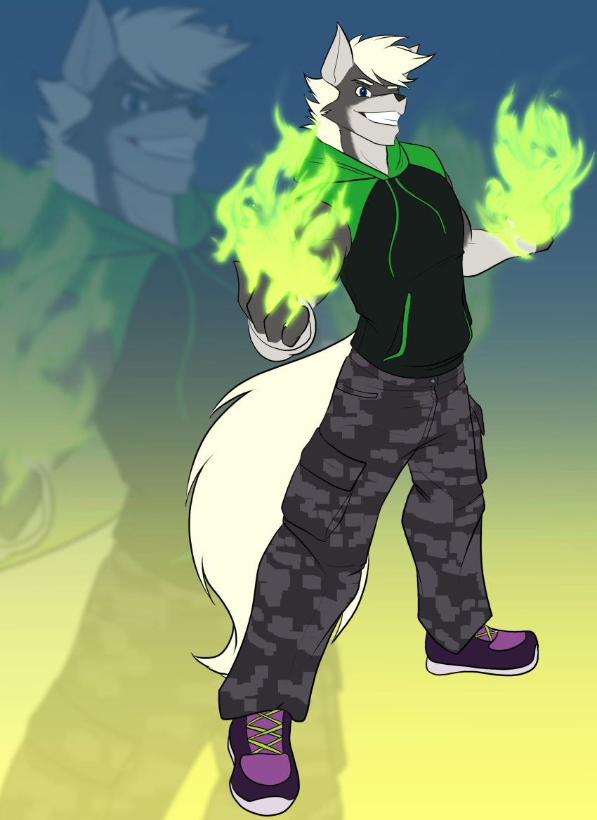 anthro blonde_hair blue_eyes border_collie butt canine cargo_pants clothed clothing collie digital_media_(artwork) dog fan_character fire fire_powers fur green_theme grin hair hi_res hoodie male mammal pants pinup platinum_blonde pose randal_drake reflection sleeveless_hoodie smile sneakers solo toughset
