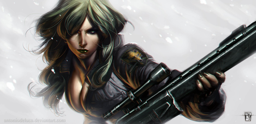 antonio_de_luca blonde_hair breasts fox_hound gun hair_over_one_eye highres jacket large_breasts lipstick makeup metal_gear_(series) metal_gear_solid nail_polish rifle sniper_wolf snowing solo weapon