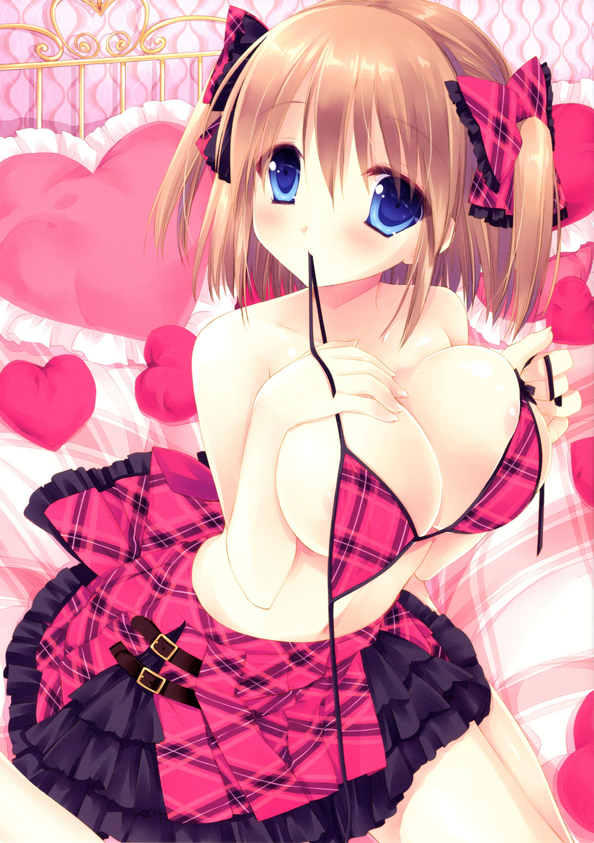 absurdres areola_slip areolae bed blue_eyes blush bra breast_hold breasts brown_hair cleavage frilled_pillow frills heart heart_pillow highres huge_breasts miyasu_risa mouth_hold no_shirt pillow pink_bra plaid plaid_bra plaid_skirt short_twintails sitting skirt twintails underwear untied
