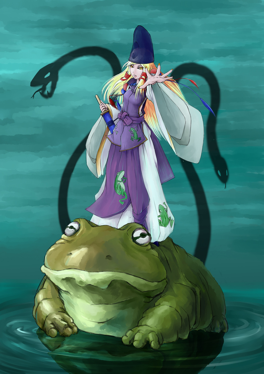 absurdres adapted_costume alternate_hair_length alternate_hairstyle blonde_hair chongtian_yixiao_shualuanfei frog frog_eyes hat highres japanese_clothes kariginu looking_at_viewer moriya_suwako older outstretched_hand solo standing sword tassel tate_eboshi touhou water weapon yellow_eyes