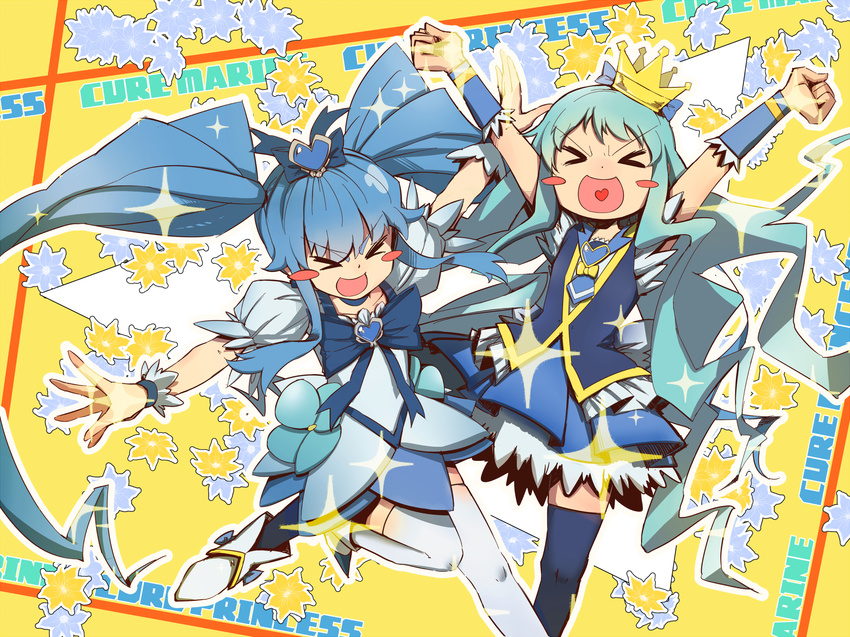 &gt;_&lt; :d blue_choker blue_dress blue_hair blue_legwear blue_skirt blush boots character_name choker closed_eyes color_connection cosplay costume_switch crossover crown cure_marine cure_marine_(cosplay) cure_princess cure_princess_(cosplay) dress english hair_ornament hair_ribbon happinesscharge_precure! happy hc2002 heart heart_hair_ornament heartcatch_precure! highres jewelry kurumi_erika long_hair magical_girl multiple_girls open_mouth precure puffy_sleeves ribbon shirayuki_hime shirt skirt smile thighhighs thighs trait_connection twintails vest wavy_hair white_legwear wrist_cuffs xd yellow_background