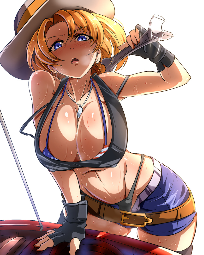 american_flag_bikini bad_id bad_pixiv_id belt bikini black_gloves black_legwear blonde_hair blue_eyes blush breasts buckle cleavage d: fingerless_gloves flag_print gloves hat highres jewelry large_breasts looking_at_viewer open_mouth original pendant short_hair shorts simple_background solo swimsuit thighhighs umakatsuhai western white_background wrench