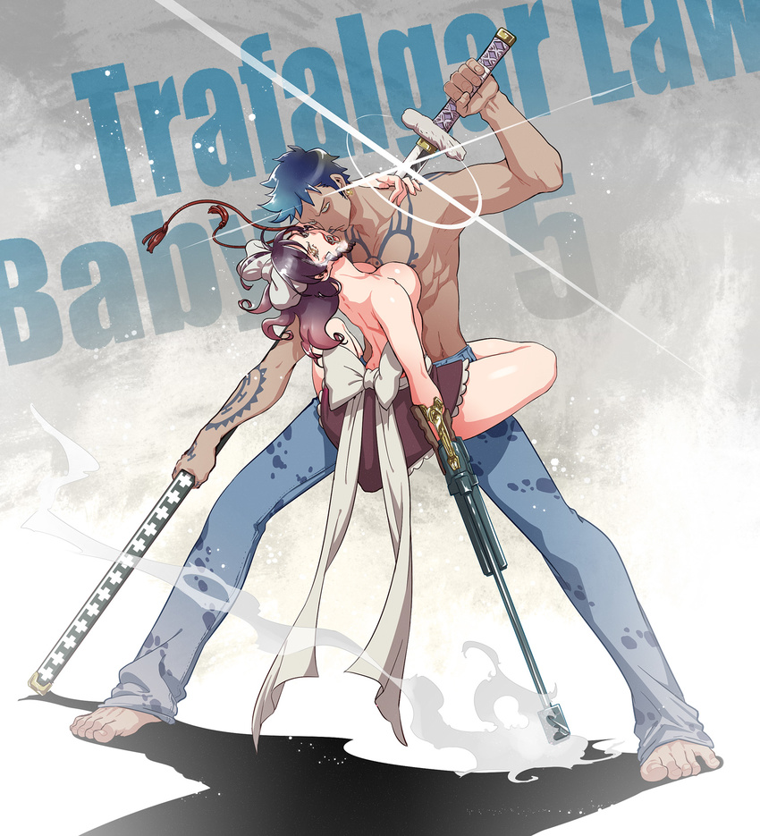 1girl arm_cannon baby_5 barefoot black_hair character_name cigarette dress earrings facial_hair gun hair_ribbon hetero highres jewelry katana leaning_back leg_lock lens_flare long_hair mechanical_arm one_piece ribbon sheath shirtless short_hair smoke smoking smoking_gun sword tattoo topless trafalgar_law unsheathing weapon yumiya