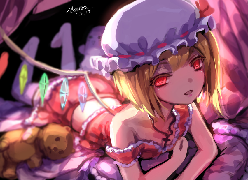 bare_shoulders bed blonde_hair canopy_bed cross flandre_scarlet hat highres jewelry legs_up lying mob_cap myero necklace off_shoulder on_bed on_stomach open_mouth red_eyes ribbon-trimmed_headwear ribbon_trim shirt signature skirt solo stuffed_animal stuffed_toy teddy_bear thighhighs touhou white_legwear wings zettai_ryouiki