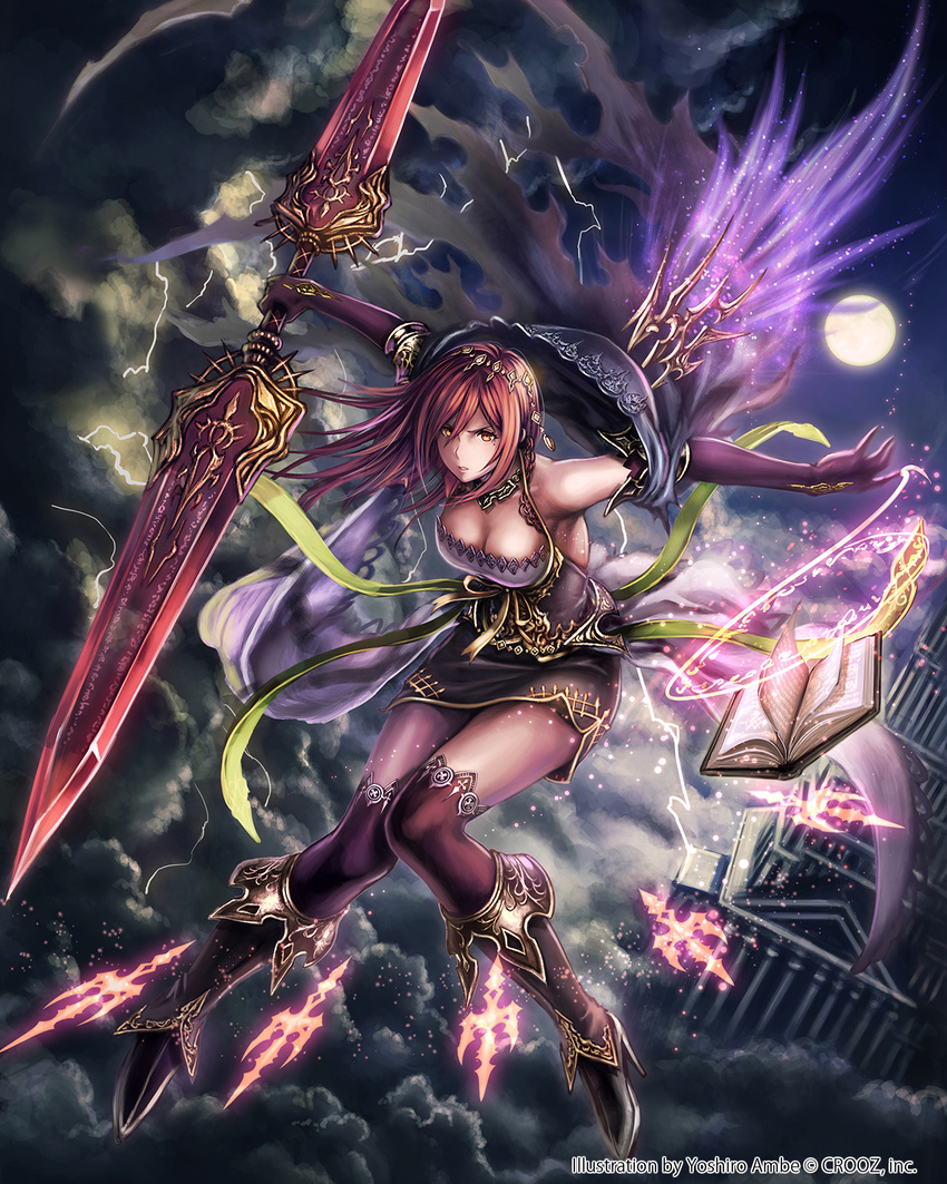 anbe_yoshirou black_legwear book breasts cleavage cloud double-blade dress elbow_gloves flying gloves highres jewelry lightning magic magic_circle medium_breasts moon necklace night night_sky open_book polearm red_hair shinma_x_keishou!_ragnabreak sky solo sword thighhighs weapon yellow_eyes