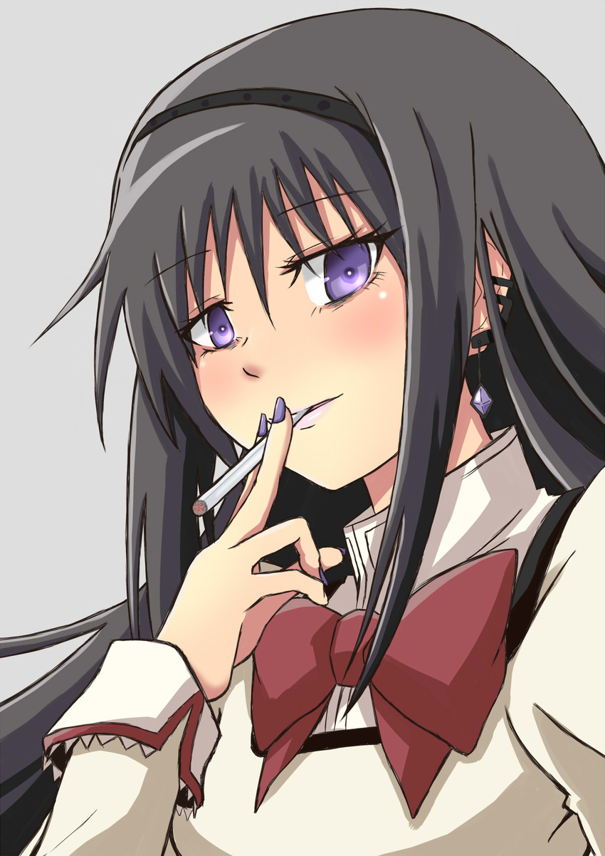 akemi_homura black_hair bow cigarette ear_piercing earrings eyelashes forestss hairband highres jewelry lipstick long_hair mahou_shoujo_madoka_magica makeup nail_polish out_of_character piercing pink_lipstick purple_eyes purple_nails school_uniform smoking solo