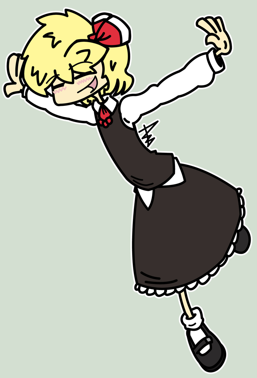 =_= ascot blonde_hair blush closed_eyes grey_background grim-evilnov hair_ribbon highres long_sleeves open_mouth outline outstretched_arms ribbon rumia short_hair signature simple_background smile solo touhou