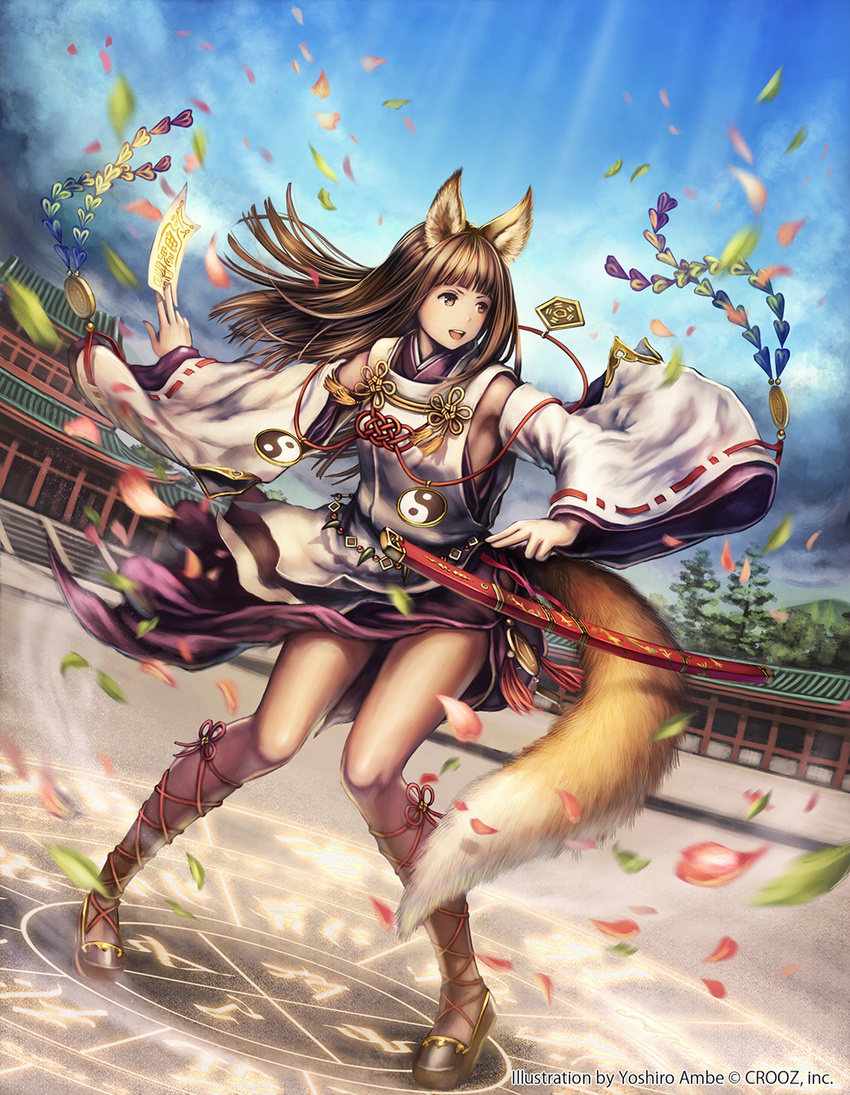 abe_no_seimei_(shinma_x_keishou!_ragnabreak) anbe_yoshirou animal_ears artist_name bangs brown_eyes brown_hair detached_sleeves fox_ears fox_tail highres holding japanese_clothes long_hair magic_circle motion_blur ofuda onmyouji open_mouth petals shinma_x_keishou!_ragnabreak sky solo sword tail temple tree watermark weapon wind