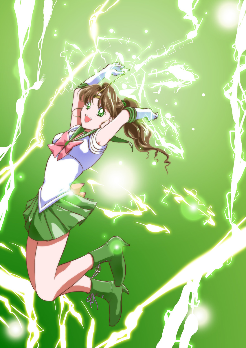 :d arms_up back_bow bare_legs bishoujo_senshi_sailor_moon boots bow brown_hair choker elbow_gloves electricity full_body gloves green green_background green_eyes green_footwear green_sailor_collar green_skirt hair_bobbles hair_ornament highres kino_makoto magical_girl open_mouth pink_bow pleated_skirt ponytail ribbon sailor_collar sailor_jupiter sailor_senshi_uniform shoes short_hair skirt smile solo tiara white_gloves yousukou_(chinsukou)