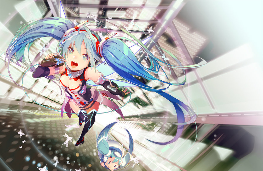 :d aqua_eyes aqua_hair black_gloves black_legwear blue_hair blush_stickers boots breasts bug butterfly chibi cleavage cleavage_cutout collarbone elbow_gloves fingerless_gloves flying gin_(oyoyo) gloves hatsune_miku highres holding insect long_hair looking_at_viewer medium_breasts microphone multiple_girls nail_polish open_mouth smile thigh_boots thighhighs twintails very_long_hair vocaloid