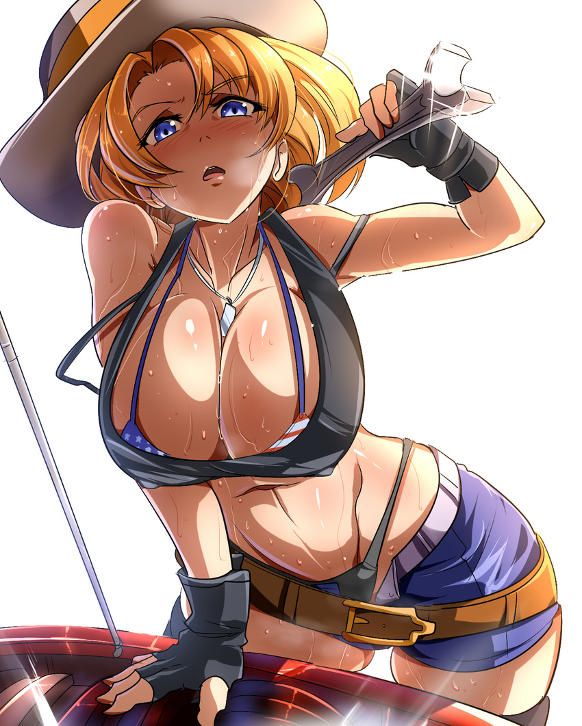 american_flag_bikini belt bikini black_gloves black_legwear blonde_hair blue_eyes blush breasts buckle cleavage d: fingerless_gloves flag_print gloves hat highres jewelry large_breasts looking_at_viewer open_mouth original pendant revision short_hair shorts simple_background solo swimsuit thighhighs umakatsuhai white_background wrench