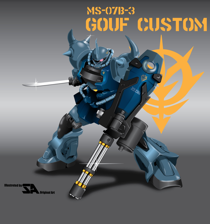 dual_wielding gatling_gun gouf_custom gun gundam gundam_08th_ms_team highres machine_gun mecha shield spikes sword weapon