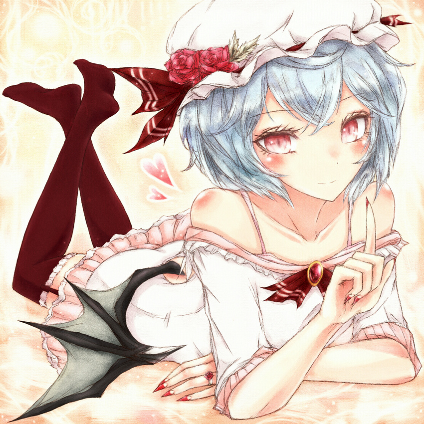 bare_shoulders bat_wings blue_hair brown_legwear chemise collarbone commentary dress fingernails flower garter_straps hat hat_flower hat_ribbon heart jewelry kyuumoto_kuku legs_up looking_at_viewer lying mob_cap nail_polish off_shoulder on_stomach pink_dress pink_eyes red_nails remilia_scarlet ribbon ring sharp_fingernails smile solo thighhighs touhou wings zettai_ryouiki