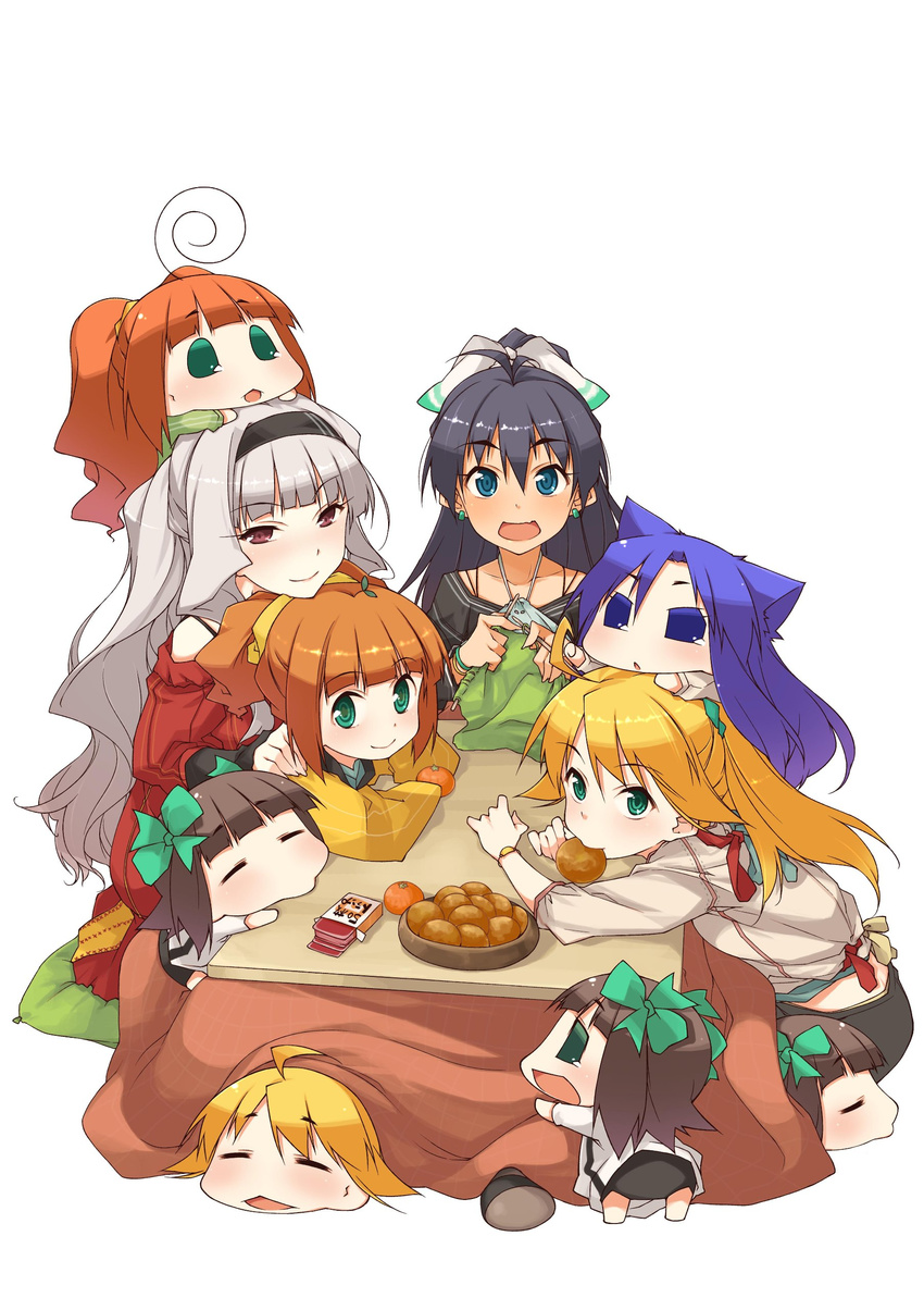 absurdres afuu akane_yuki brown_hair card chibi chihyaa food fruit ganaha_hibiki green_eyes haruka-san highres hoshii_miki idolmaster idolmaster_(classic) kotatsu long_hair mandarin_orange multiple_girls playing_card puchimasu! shijou_takane silver_hair table takatsuki_yayoi under_kotatsu under_table white_background yayo yukipo