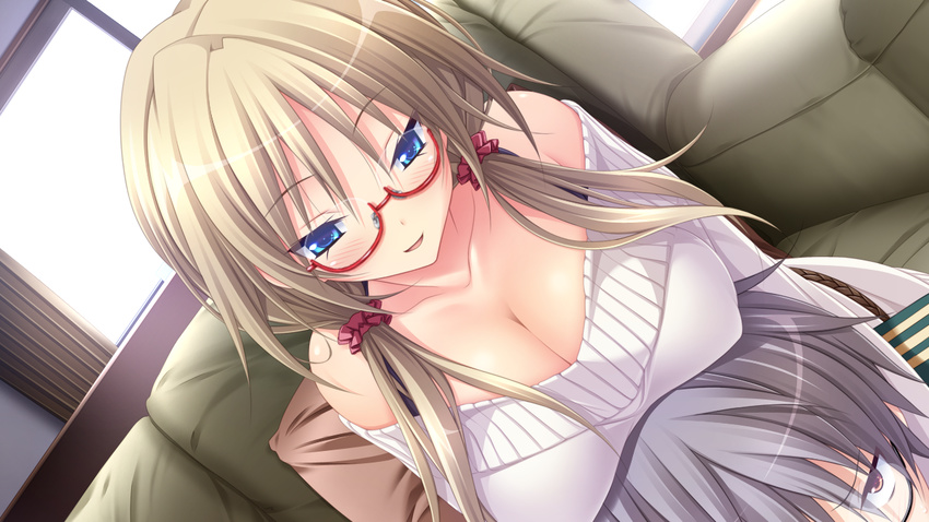 1girl bare_shoulders blonde_hair blue_eyes blush breast_rest breasts cleavage curtains game_cg glasses grey_hair hapymaher:_fragmentation_dream highres koku large_breasts long_hair looking_down pillow short_hair sitting smile tsukimori_hiro twintails window yayoi_b_lutwidge