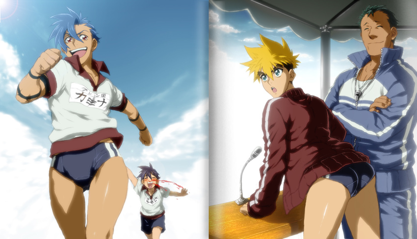 ass blonde_hair blood blue_hair blush buruma closed_eyes crossdressing dayakka green_hair gym_uniform kamina kittan male_focus multiple_boys nosebleed open_mouth red_eyes running shorts simon smile tengen_toppa_gurren_lagann whistle