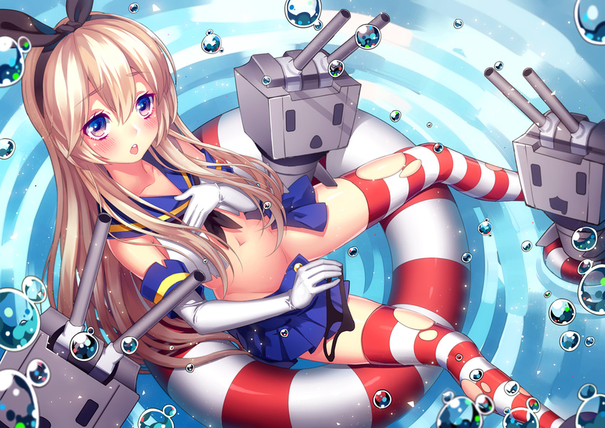 anchor anchor_hair_ornament bad_id bad_pixiv_id black_panties blonde_hair blush bubble elbow_gloves flat_chest gloves hair_ornament hairband innertube kantai_collection long_hair open_mouth panties panties_removed rensouhou-chan ripples shimakaze_(kantai_collection) solo sougishi_ego striped striped_legwear thighhighs torn_clothes torn_legwear underwear undressing white_gloves