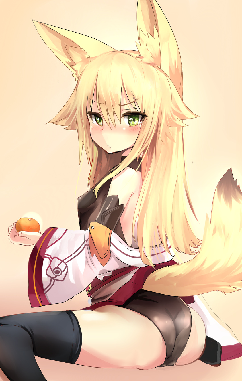 animal_ears ass blonde_hair blush breasts detached_sleeves fox_ears fox_tail from_behind green_eyes haik hair_flaps highres japanese_clothes kimono kokonoe_tsubaki leotard long_hair looking_at_viewer looking_back original simple_background small_breasts solo tail thighhighs