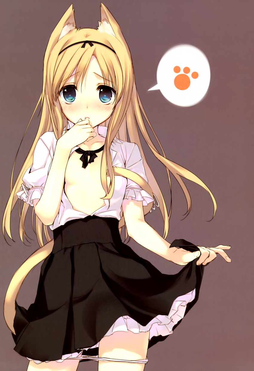 absurdres animal_ears blonde_hair blue_eyes blush cat_ears cat_tail collarbone embarrassed flat_chest hair_ribbon hairband highres long_hair looking_at_viewer open_clothes open_shirt original panties panty_pull paw_print revision ribbon scan shirt short_sleeves simple_background skirt skirt_lift solo tail tatami_to_hinoki tears underwear