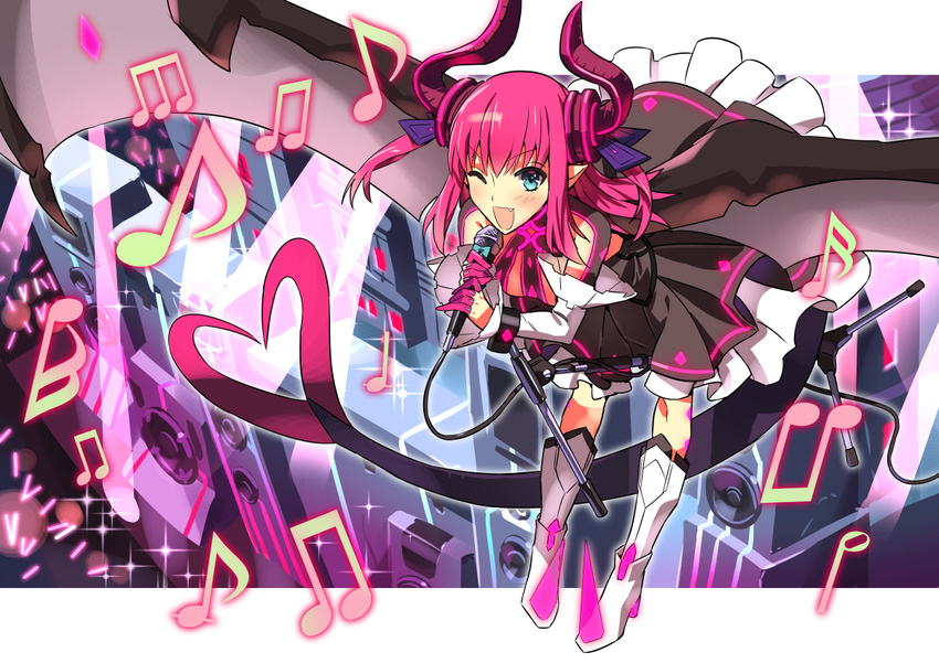 beamed_eighth_notes blue_eyes claws detached_sleeves dragon_tail dress eighth_note elizabeth_bathory_(fate) elizabeth_bathory_(fate)_(all) fang fate/extra fate/extra_ccc fate_(series) heart heart_tail horns kon_manatsu long_hair microphone musical_note one_eye_closed pink_hair pointy_ears pointy_shoes quarter_note shoes solo tail two_side_up wings