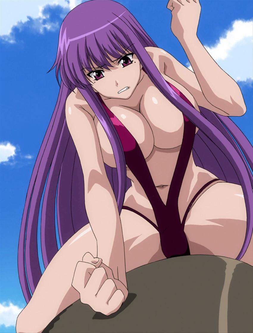 1girl bikini breasts etou_fujiko highres ichiban_ushiro_no_daimaou large_breasts long_hair purple_eyes purple_hair solo stitched swimsuit very_long_hair