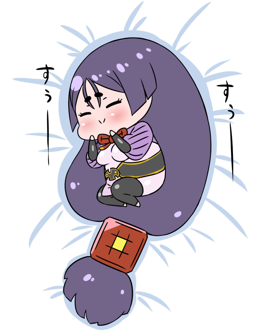 1girl absurdly_long_hair black_legwear blush bodysuit chibi closed_mouth commentary_request eyebrows_visible_through_hair eyes_closed fate/grand_order fate_(series) from_above highres long_hair low-tied_long_hair lying minamoto_no_raikou_(fate/grand_order) neck_ribbon on_side pink_bodysuit puffy_sleeves purple_hair red_neckwear red_ribbon rei_(rei_rr) ribbon sash smile solo thighhighs very_long_hair
