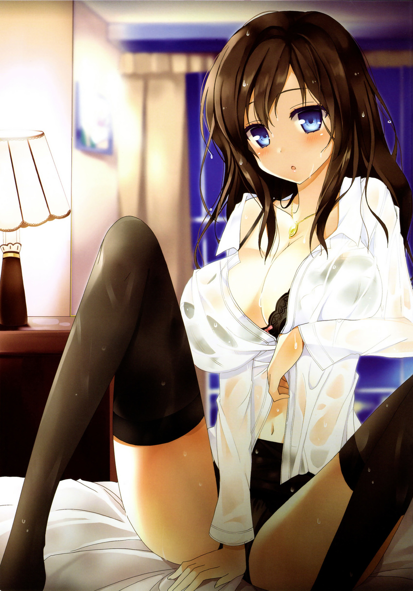 absurdres arm_support between_thighs black_bra black_legwear black_panties blue_eyes bra breasts brown_eyes cleavage dengeki_moeou dress_shirt highres huge_breasts jewelry kurot long_hair navel necklace open_mouth panties scan see-through shirt sitting solo thighhighs underwear wet wet_clothes wet_shirt