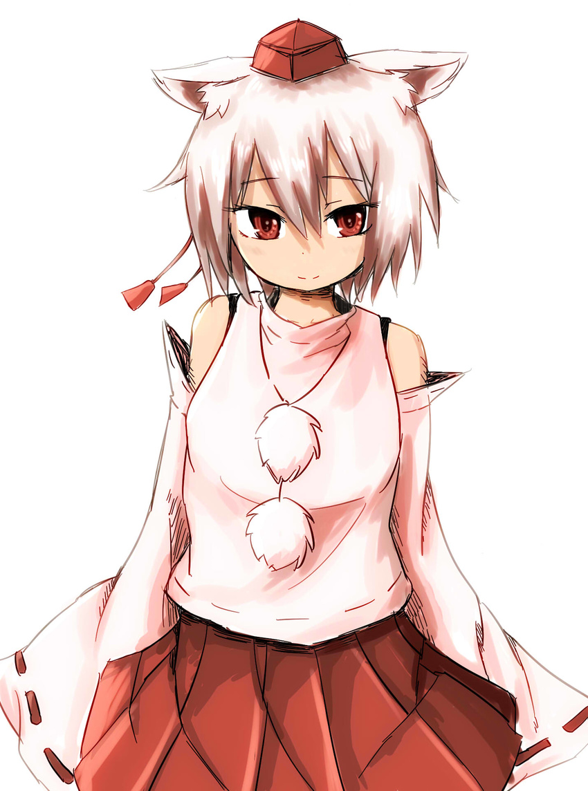 animal_ears bare_shoulders detached_sleeves hat highres inubashiri_momiji looking_at_viewer red_eyes short_hair silver_hair simple_background skirt smile solo tokin_hat touhou watopu white_background wolf_ears