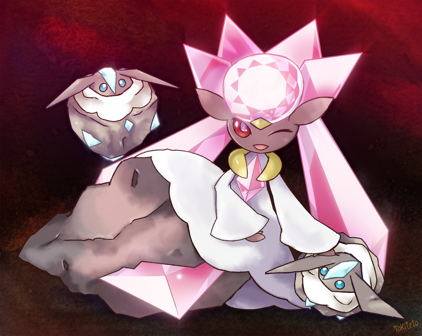 blue_eyes carbink crystal diancie gem no_humans open_mouth pokemon pokemon_(game) pokemon_xy red_eyes rock wink