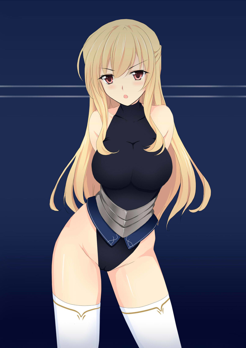 arms_behind_back bare_shoulders blonde_hair blush breasts cameltoe highres knight large_breasts leotard long_hair nehani_(tworship) open_mouth original red_eyes solo thighhighs white_legwear
