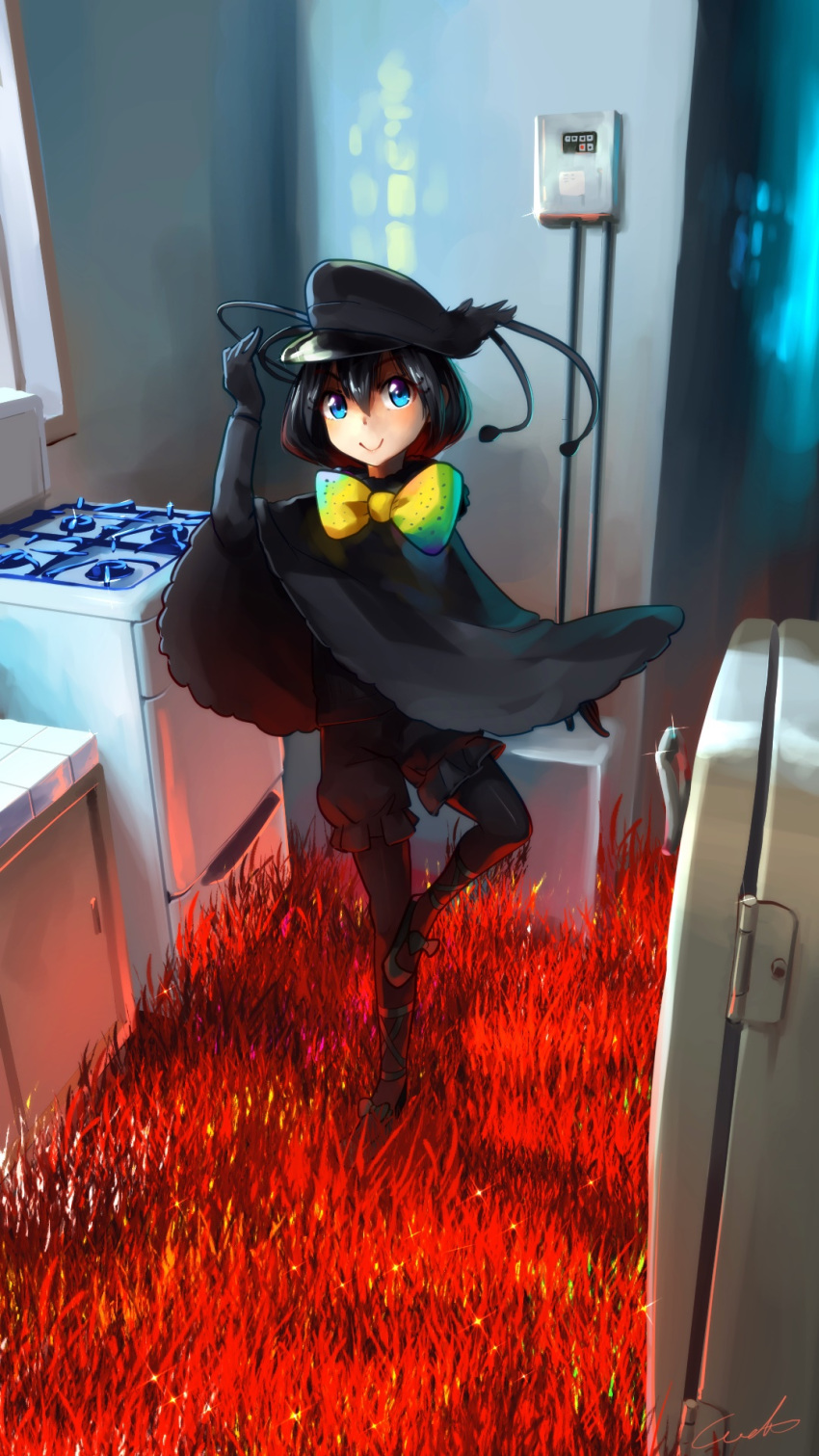 1girl ankle_lace-up black_cape black_gloves black_hair black_legwear black_shorts blue_eyes bow bowtie cape commentary_request cross-laced_footwear full_body gloves hair_between_eyes hand_up hat highres indoors kemono_friends kitchen looking_at_viewer multicolored_neckwear pantyhose shoes short_hair shorts signature smile solo standing standing_on_one_leg stove v-shaped_eyebrows welt_(kinsei_koutenkyoku) western_parotia_(kemono_friends)