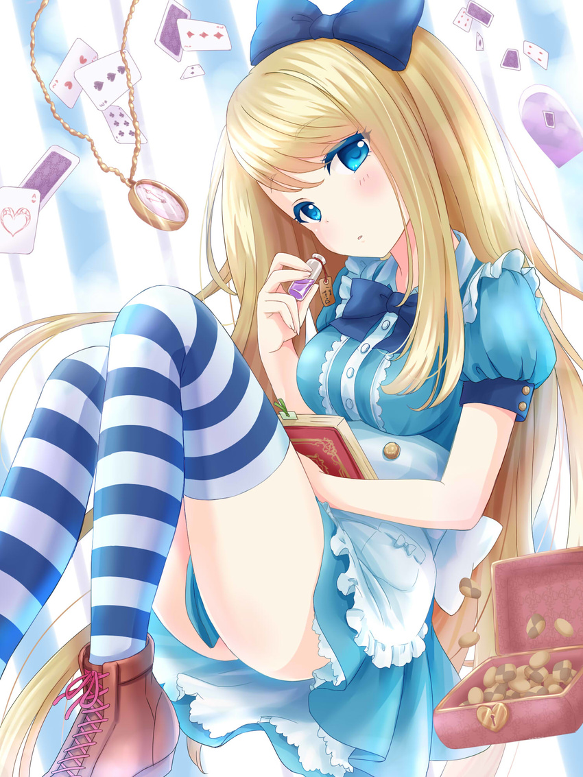 :o alice_(wonderland) alice_in_wonderland apron bad_id bad_pixiv_id blonde_hair blue_eyes blush book boots bottle bow card chloe_lemaire convenient_censoring cookie dress food girlfriend_(kari) hair_bow head_tilt highres holding long_hair looking_at_viewer pocket_watch solo striped striped_legwear thighhighs very_long_hair watch yukillust
