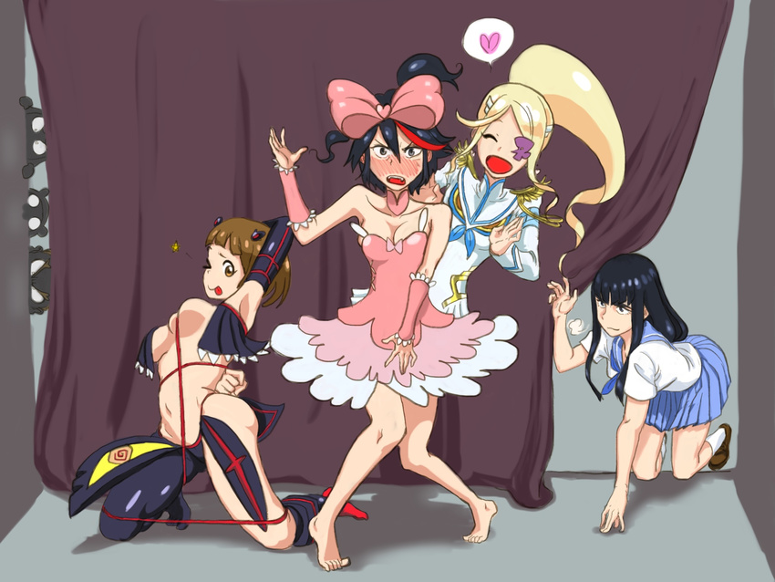 4girls alternate_hairstyle barefoot black_hair blonde_hair blush bow breasts brown_eyes brown_hair cosplay costume_switch dress epaulettes error eyepatch gamagoori_ira guts_(kill_la_kill) hair_bow harime_nui harime_nui_(cosplay) heart highres junketsu kill_la_kill kiryuuin_satsuki long_hair mankanshoku_mako mankanshoku_matarou matoi_ryuuko medium_breasts multicolored_hair multiple_boys multiple_girls pink_bow ponytail ryou2460 school_uniform senketsu serafuku short_hair skirt smile spoken_heart strapless strapless_dress suspenders two-tone_hair wardrobe_error