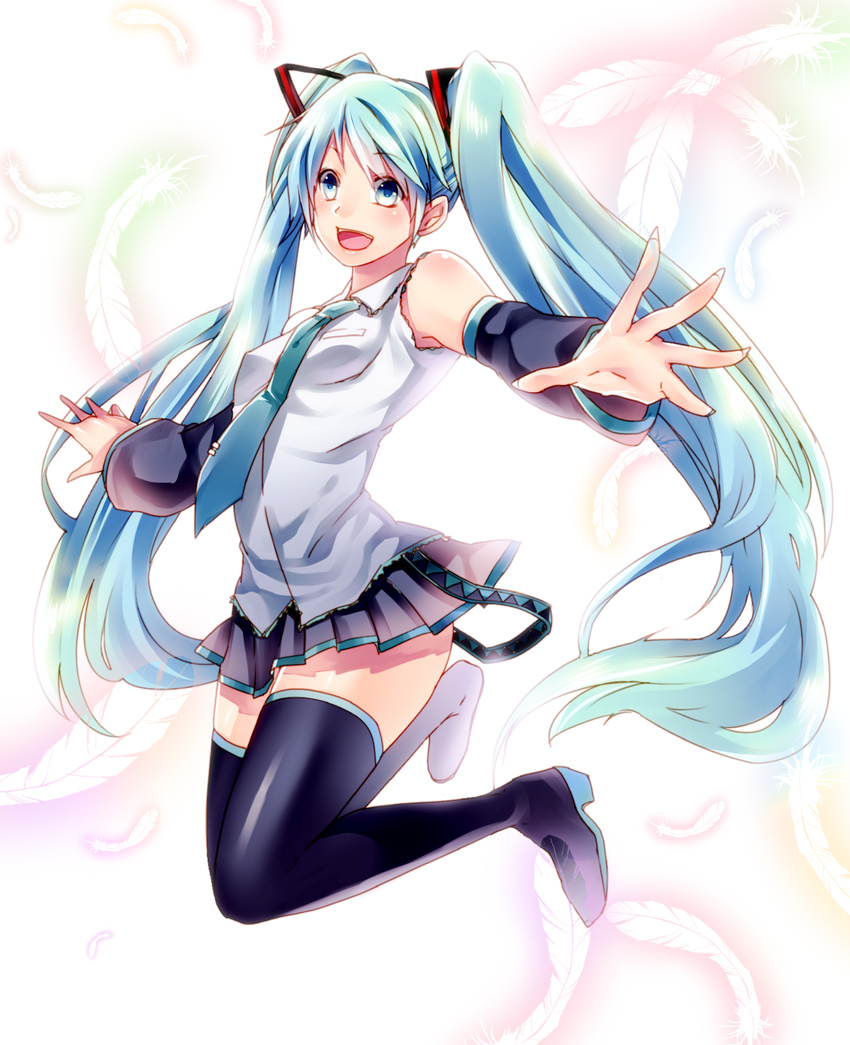aqua_eyes aqua_hair bad_id bad_pixiv_id boots cut_(bu-kunn) detached_sleeves feathers hatsune_miku highres jumping long_hair necktie open_mouth skirt solo thigh_boots thighhighs twintails very_long_hair vocaloid