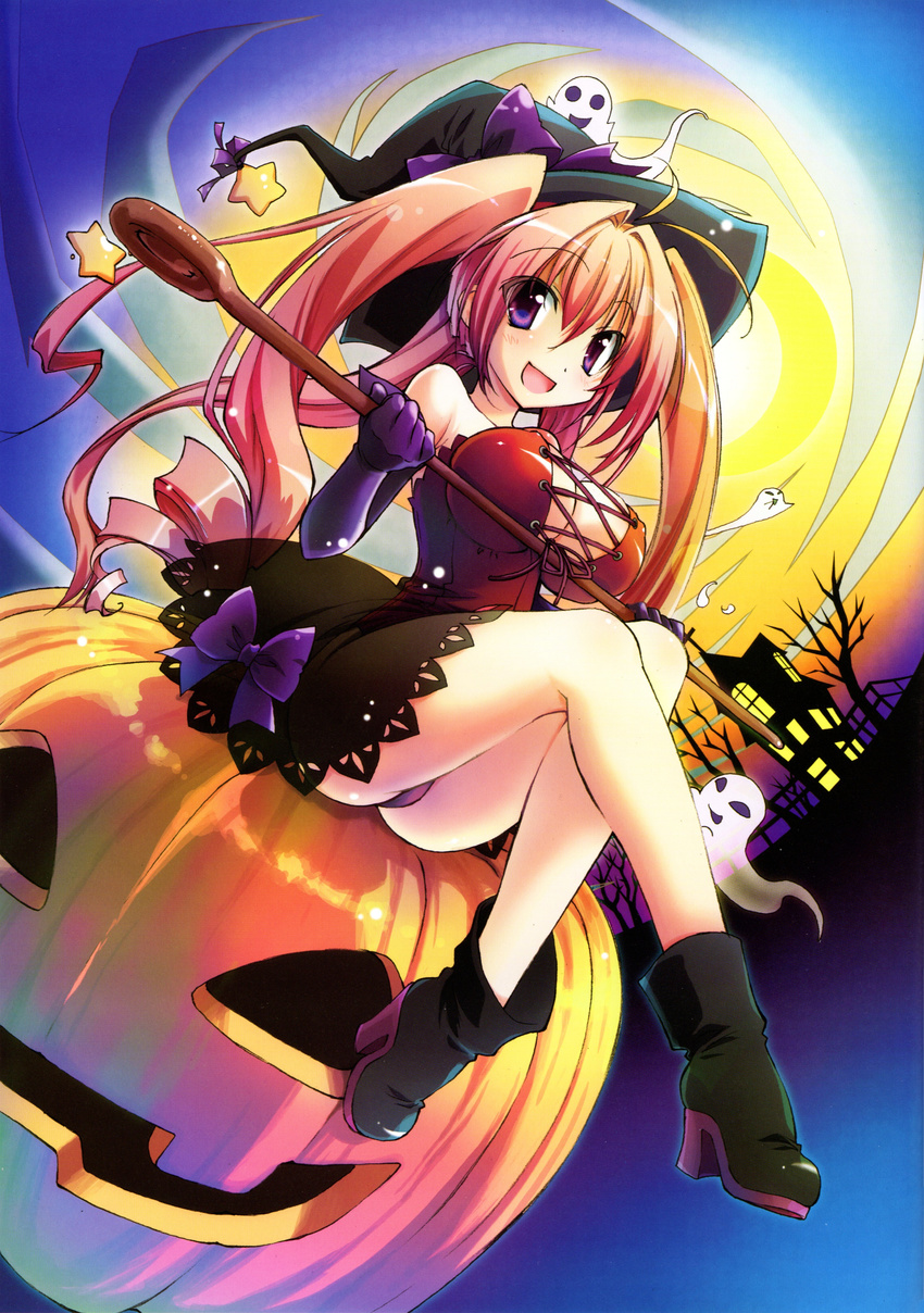 1girl absurdres dengeki_moeoh dengeki_moeou hat highres open_mouth pumpkin purple_eyes solo twintails witch_hat