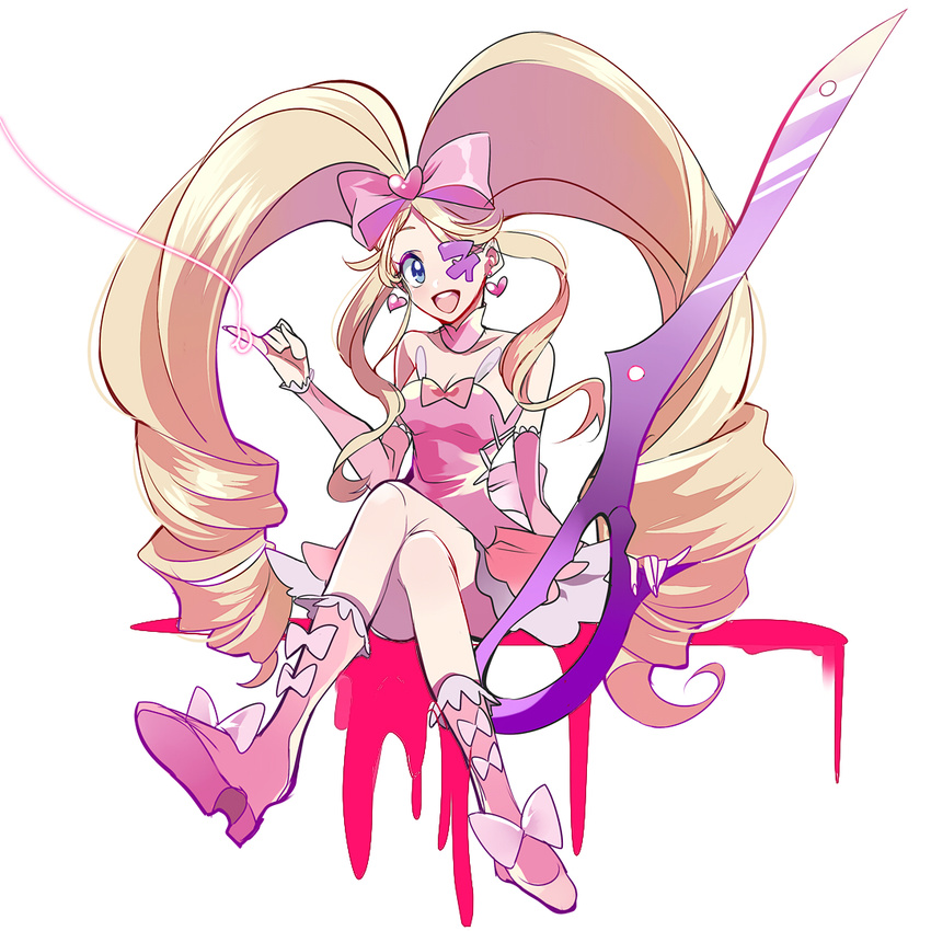 big_hair blonde_hair blue_eyes boots bow dress drill_hair eyepatch hair_bow harime_nui hoe_satsuki kill_la_kill life_fiber long_hair pink_bow pink_footwear scissor_blade smile solo strapless strapless_dress string twin_drills twintails