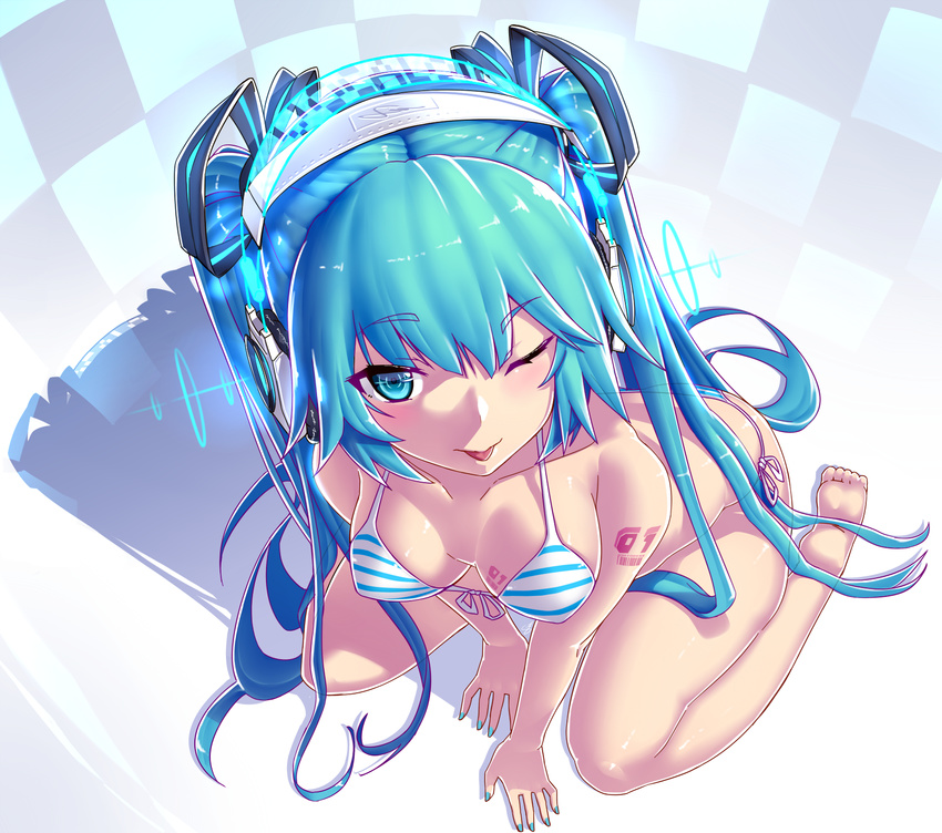 ;p all_fours aqua_eyes aqua_hair bare_shoulders barefoot bikini blue_eyes blush breasts dev downblouse from_above front-tie_top full_body hair_ornament hatsune_miku headphones highres long_hair looking_at_viewer md5_mismatch medium_breasts nail_polish one_eye_closed open_mouth shiny shiny_skin side-tie_bikini simple_background sitting smile solo strap_gap striped striped_bikini swimsuit tongue tongue_out twintails very_long_hair vocaloid wariza