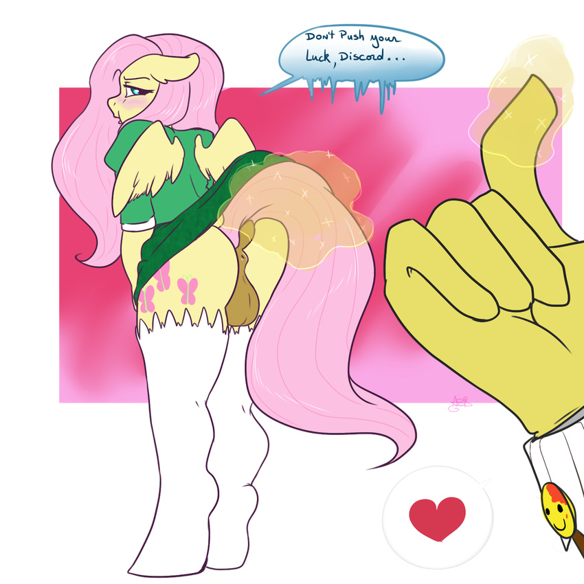 &lt;3 alpha_channel anthro anthrofied anus arnachy balls blue_eyes blush clothing cutie_mark dialog dickgirl discord_(mlp) duo english_text equine fluttershy_(mlp) friendship_is_magic fur hair horse intersex legwear magic mammal misleading_thumbnail my_little_pony pegasus pink_hair plain_background pony solo_focus stockings text transparent_background wings yellow_fur
