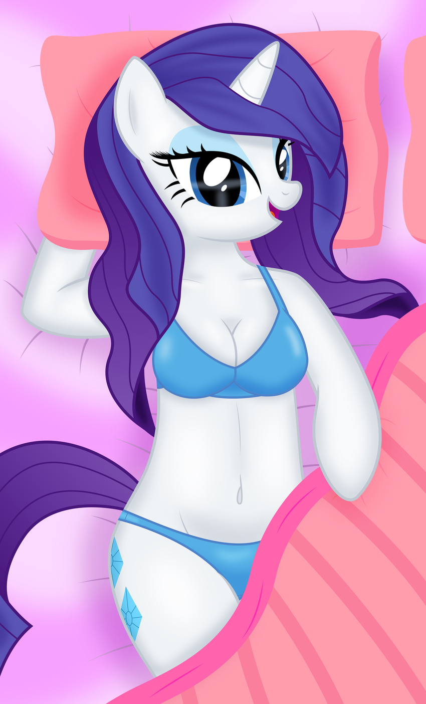 anthro anthrofied bed bedroom_eyes blue_eyes bra breasts cutie_mark equine eyeshadow female friendship_is_magic fur hair hi_res hooves horn horse looking_at_viewer makeup mammal mascara my_little_pony navel open_mouth panties pillow pinup pony pose purple_hair rarity_(mlp) shaded sheets smile solo stillfire thong underwear unicorn vector white_fur