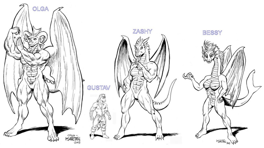 anthro bessy breasts dragon equine erect_nipples female gustav_(here_there_be_dragons) hair horn horse karno long_hair male mammal monochrome muscles muscular_female nipples nude olga pussy size_difference wings zashy
