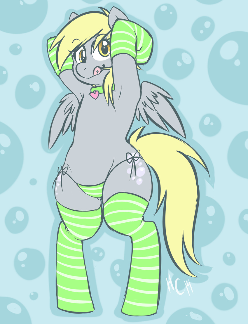 anthro blonde_hair cutie_mark deejayhan derpy_hooves_(mlp) equine female friendship_is_magic fur grey_fur hair happy horse mammal my_little_pony panties pegasus pony pose smile socks solo standing tongue underwear wings yellow_eyes